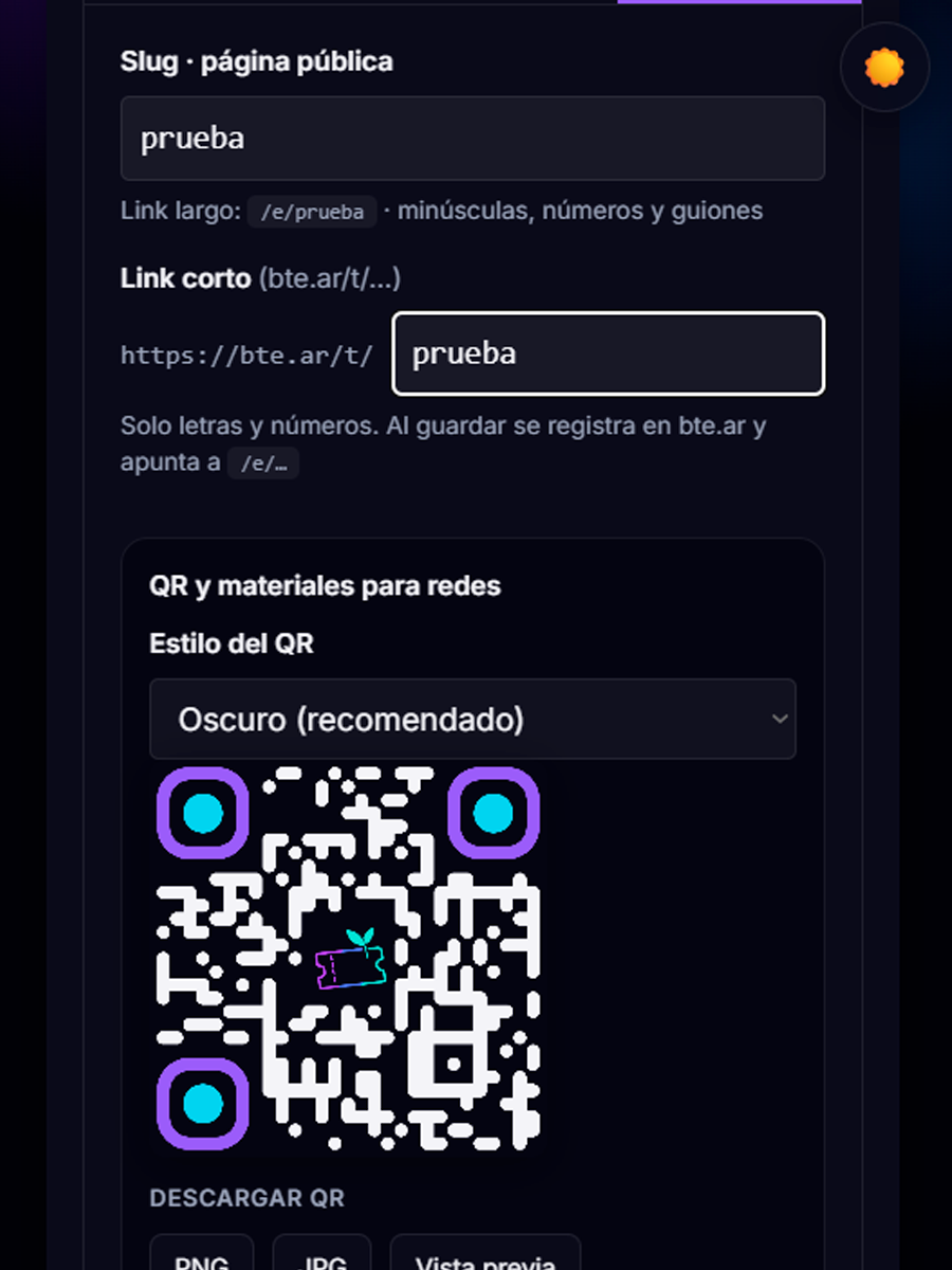 Link corto y QR para compartir la venta