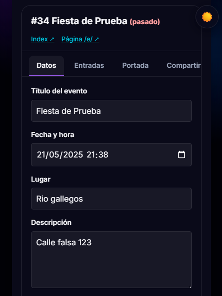 Panel para editar evento, entradas y precios